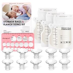 Flange Sizing Kit with Flange Inserts 13/15/17/19/21mm 10PCS, Nipple Sizer for Flange, Breastmilk Storage Bags 60, Silicone Flange Insert for 24mm Pump, Breastfeeding Essentials for New Mom