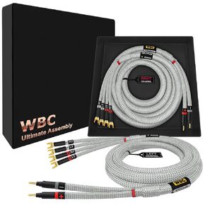 WORLDS BEST CABLES 6 Foot ULTIMATE - 7 AWG - Ultra-Pure OFC – Extra Premium Audiophile HiFi Bi-Wire Speaker Cable Pair with Eminence Gold Banana (x2) & Spade (x4) Plugs & Silver Tweed Jacket