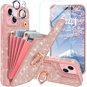 for iPhone 15 Plus Case Wallet, with [Screen Protector + Camera Lens Protector] [Credit Card Holder & 360°Ring Stand] Glitter Cute Shockproof Phone Cover for iPhone 15 Plus,6.7 Inch,Rose Gold