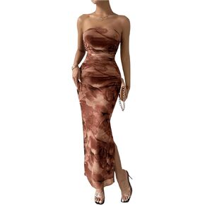 Milumia Women's Printed Strapless Tube Top Long Dress Slit Hem Sleeveless Bodycon Maxi Dresses