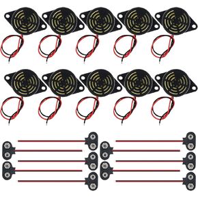 10Pcs Active Piezo Buzzer SFM-27 DC 3-24V 95DB High Decibel Alarm Siren with 10pcs 9V Battery Connector for Motorcycle Car Scooter (Black)
