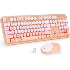 Colorful Computer Wireless Keyboard Mice Combo, 2.4GHz Retro Full-Size Keyboard with Number Pad, Silent Cute Wireless Mouse for PC, Windows, Desktop, Laptop (Khaki)