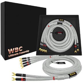 أفضل الكابلات في العالم بطول 8 أقدام - 7 AWG - OFC فائق النقاء - زوج كابل مكبر صوت ثنائي الأسلاك من عشاق الصوت فائق الجودة مع مقابس ذهبية بارزة وسترة تويد فضية