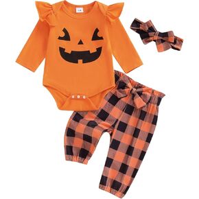 Newborn Baby Girl Halloween Outfit Ruffle Sleeve Pumpkin Face Romper Long Pants Headband 3 Piece Frist Fall Clothes