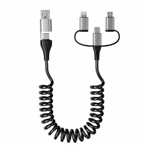 USB to USB-C and Lightning Cable 6 in 1 Coiled USB A/C to USB-C/Lightning/Micro Cable, 3A Fast Charge Coiled Lightning and USB C Cable Support Apple CarPlay & Android Auto for iPhone, iPad, Android
