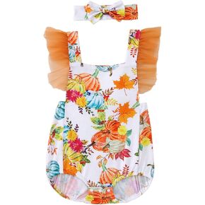 CM C&M WODRO Baby Girl Halloween Outfit Pumpkin Floral Bodysuit Ruffle Backless Romper Jumpsuit Headband Infant Fall Clothes