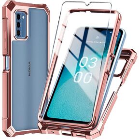 for Nokia C300 Phone Case （N155DL） + Tempered Glass Screen Protector,Electroplated PC Front Frame Soft TPU Transparent Back Cover,Lmpact Airbags Protective Case Cover for Nokia G100 (Purple)