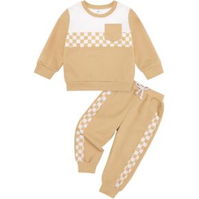 Toddler Boys Fall Winter Clothes Long Sleeve Contrast Color Plaid Sweatshirts Jogger Pants Baby Kids 2 Piece Outfits