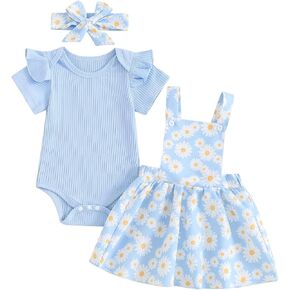 Baby Girl Summer Outfit Short Sleeve Ribbed Romper Floral Suspender Skirt Dress Headband Set Cute 3Pcs Clothes