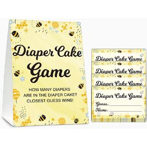 Baby Shower Game Set, Diaper Cake Games(1 Standing Sign + 50 Guessing Cards), Watercolor Pink Guess How Many Diapers Party Game, Gold Foil Gender Reveal Party Favor Decor(A03)