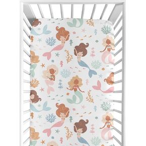 Sweet Jojo Designs Ocean Mermaids Girl Baby Fitted Crib Sheet Newborn Nursery Toddler Bed Room Standard Mattress Pink Teal Under the Sea Underwater Theme Fairytale Fish Colorful Coral Reef Blue Orange