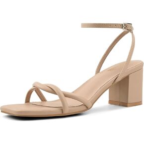 Strappy Heels for Women Mid Chunky Block Heels Square Toe Ankle Buckle Heeled Sandals