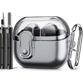 with Safety Lock for Samsung Galaxy Buds 3 Pro Case 2024 / Galaxy Buds 3 Case 2024 with Cleaner Kit and Keychain, TPU Clear Top Cover and Metal Spray Paint Lower Cover - Black