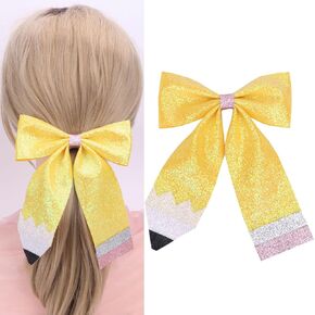 Yellow Bows Hair Clip Pencil Bows Hair Clips Cheer Bow Alligator Clips Hair Accessories for Women Toddler Teen Girls Back to Shool Ponytail Holder Bowknot Ribbon Hair Clip(C-Large-1pcs)