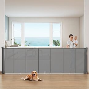 Upgrade 200 inch Extra Wide Retractable Baby Gates, 42 inch Tall Reinforced Retractable Gate to Prevent Crawling Through, Extra Long Retractable Gates Outdoor/Indoor, Real One-Handed Operation, Gray