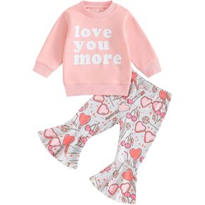 Kaipiclos Toddler Baby Girl Clothes 2T 3T 4T 5T Infant Letter Print Sweatshirt Pullover Top Bell Bottom Outfit Flare Pant Set