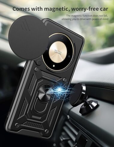 Case for Honor X9b / Magic 6 Lite 5G with Tempered Glass Screen Protector [2 Pack],Sliding Camera Window, Kickstand, Shock-Proof Anti-Scratch Dual-Layer Phone Cover, Black in Saudi Arabia