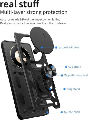 Case for Honor X9b / Magic 6 Lite 5G with Tempered Glass Screen Protector [2 Pack],Sliding Camera Window, Kickstand, Shock-Proof Anti-Scratch Dual-Layer Phone Cover, Black in Saudi Arabia