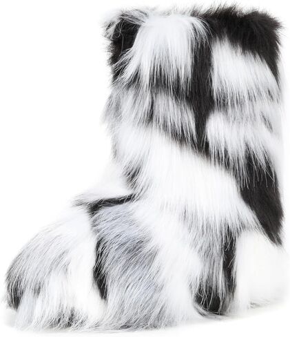 Women's Faux Fur Boots Furry Fuzzy Snow Boots Fluffy Winter Boots Warm Comfortable Mid-Calf Boots Outdoor Indoor Flat Shoes in Saudi Arabia