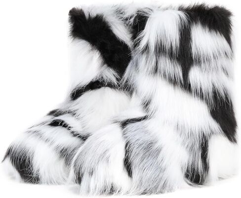 Women's Faux Fur Boots Furry Fuzzy Snow Boots Fluffy Winter Boots Warm Comfortable Mid-Calf Boots Outdoor Indoor Flat Shoes in Saudi Arabia