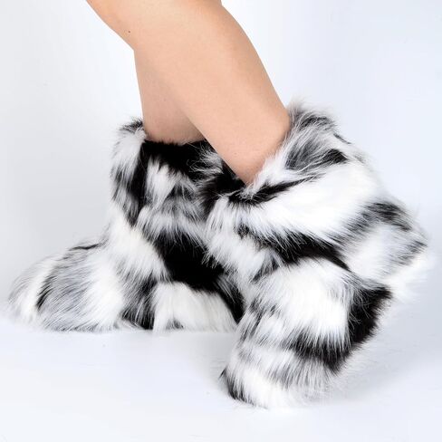 Women's Faux Fur Boots Furry Fuzzy Snow Boots Fluffy Winter Boots Warm Comfortable Mid-Calf Boots Outdoor Indoor Flat Shoes in Saudi Arabia