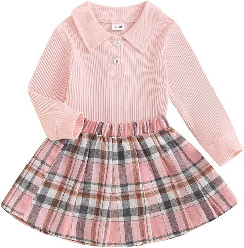 Toddler Baby Girl Fall Winter Clothes Long Sleeve Solid Knit T Shirt Tops Floral/Plaid Mini Pleated Skirts Set 12M-5T in Saudi Arabia