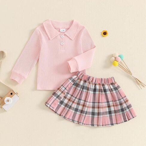 Toddler Baby Girl Fall Winter Clothes Long Sleeve Solid Knit T Shirt Tops Floral/Plaid Mini Pleated Skirts Set 12M-5T in Saudi Arabia