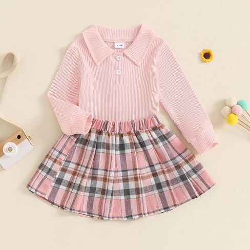 Toddler Baby Girl Fall Winter Clothes Long Sleeve Solid Knit T Shirt Tops Floral/Plaid Mini Pleated Skirts Set 12M-5T in Saudi Arabia