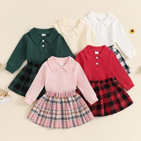 Toddler Baby Girl Fall Winter Clothes Long Sleeve Solid Knit T Shirt Tops Floral/Plaid Mini Pleated Skirts Set 12M-5T in Saudi Arabia