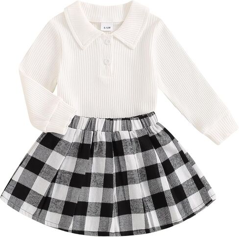 Toddler Baby Girl Fall Winter Clothes Long Sleeve Solid Knit T Shirt Tops Floral/Plaid Mini Pleated Skirts Set 12M-5T in Saudi Arabia
