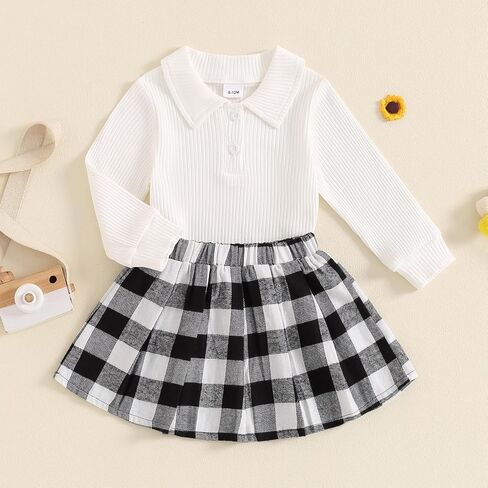 Toddler Baby Girl Fall Winter Clothes Long Sleeve Solid Knit T Shirt Tops Floral/Plaid Mini Pleated Skirts Set 12M-5T in Saudi Arabia