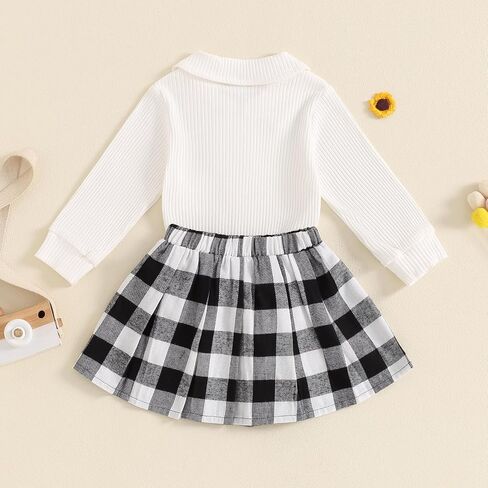 Toddler Baby Girl Fall Winter Clothes Long Sleeve Solid Knit T Shirt Tops Floral/Plaid Mini Pleated Skirts Set 12M-5T in Saudi Arabia