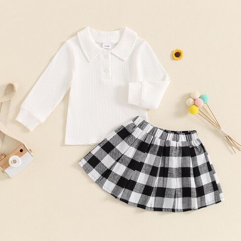 Toddler Baby Girl Fall Winter Clothes Long Sleeve Solid Knit T Shirt Tops Floral/Plaid Mini Pleated Skirts Set 12M-5T in Saudi Arabia