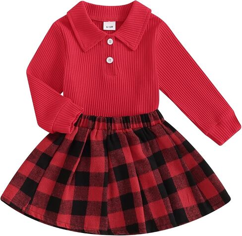 Toddler Baby Girl Fall Winter Clothes Long Sleeve Solid Knit T Shirt Tops Floral/Plaid Mini Pleated Skirts Set 12M-5T in Saudi Arabia