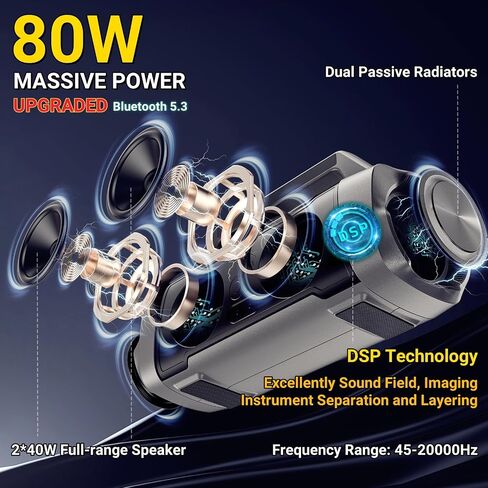 Portable Outdoor Bluetooth Speaker: 80W Loud Sound Wireless Durable Large Bocina with Lights Powerful Deep Bass Subwoofer TWS Stereo Sound Big Boombox Waterproof for Party Beach Camping Garage in Saudi Arabia
