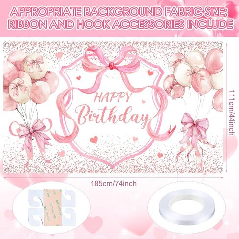 6 x 3.6 Ft Coquette Happy Birthday Banner Pink Bow Birthday Decorations Birthday Party Photography Backgrounds Pink Bachelorette Decor Glitter Balloon Sign for Girls Cute Coquette Supplies in Saudi Arabia