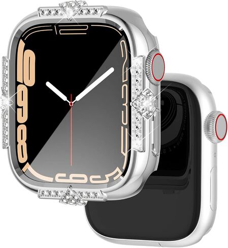 Hard Case Compatible with Apple Watch Case Series 8 Series 7 45mm Rhinestones with Built-in Glass Screen Protector Diamond iWatch Face Cover Smart Watch Case for Women Girl, 45mm Silver in Kuwait
