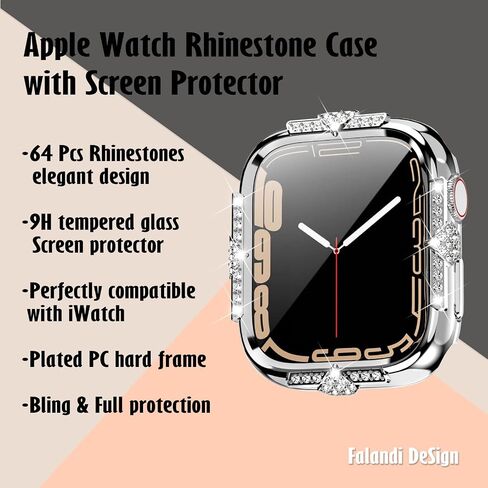 Hard Case Compatible with Apple Watch Case Series 8 Series 7 45mm Rhinestones with Built-in Glass Screen Protector Diamond iWatch Face Cover Smart Watch Case for Women Girl, 45mm Silver in Kuwait