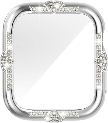 Hard Case Compatible with Apple Watch Case Series 8 Series 7 45mm Rhinestones with Built-in Glass Screen Protector Diamond iWatch Face Cover Smart Watch Case for Women Girl, 45mm Silver in Kuwait
