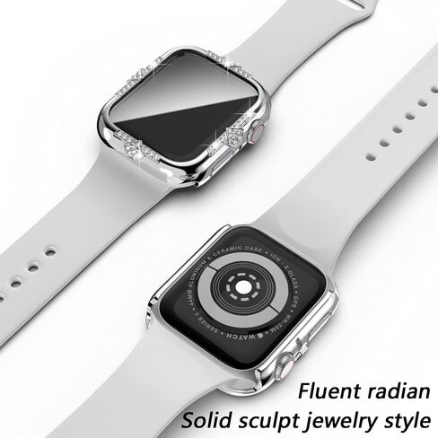 Hard Case Compatible with Apple Watch Case Series 8 Series 7 45mm Rhinestones with Built-in Glass Screen Protector Diamond iWatch Face Cover Smart Watch Case for Women Girl, 45mm Silver in Kuwait