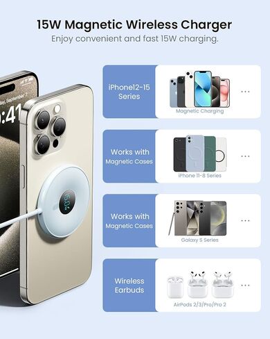 15W Magnetic Wireless Charger with LED Power Display, Magnetic Charger, for iPhone 15/14/13/12 Series, Samsung, Airpods 2/3/pro/pro 2(Adapter Not Included) (Black) in Saudi Arabia