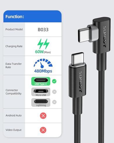 كابل SUNGUY USB C إلى USB C بطول 1 قدم [عبوة من قطعتين]، زاوية قائمة 90 درجة من النوع C إلى C 60 وات PD شحن سريع متوافق مع Samsung Galaxy S21 S20 S10 وMacBook Air/Pro وiPad Pro 2020 وPixel 4/3 XL in Kuwait