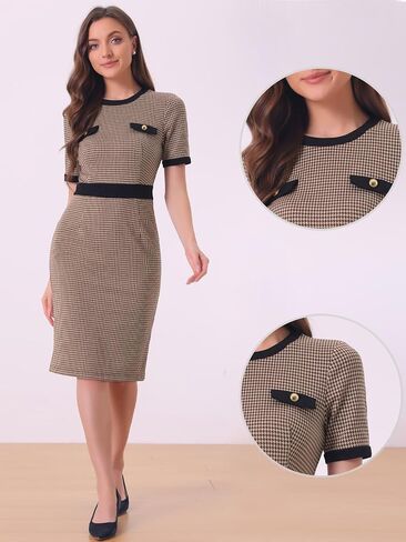Allegra K Plaid Houndstooth Dress for Women's Short Sleeve Contrast Bodycon Dress in Saudi Arabia
