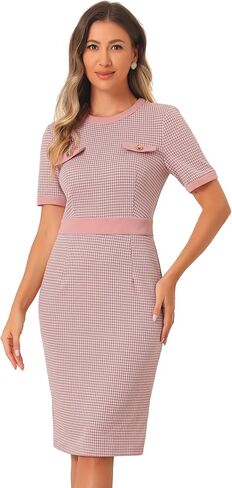 Allegra K Plaid Houndstooth Dress for Women's Short Sleeve Contrast Bodycon Dress in Saudi Arabia