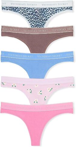 Victoria's Secret Cotton Logo Thong Panty Pack, Underwear for Women, 5 Pack, Spring Mix (L) in Saudi Arabia