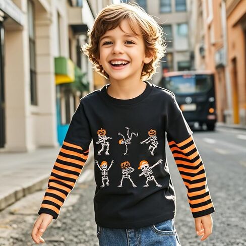 Halloween Shirts for Toddler Boys and Girls Striped Long Sleeve Patchwork T-Shirt in Kuwait
