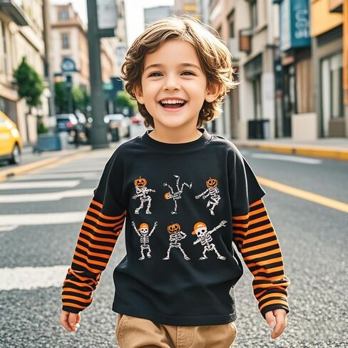 Halloween Shirts for Toddler Boys and Girls Striped Long Sleeve Patchwork T-Shirt in Kuwait