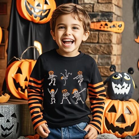 Halloween Shirts for Toddler Boys and Girls Striped Long Sleeve Patchwork T-Shirt in Kuwait