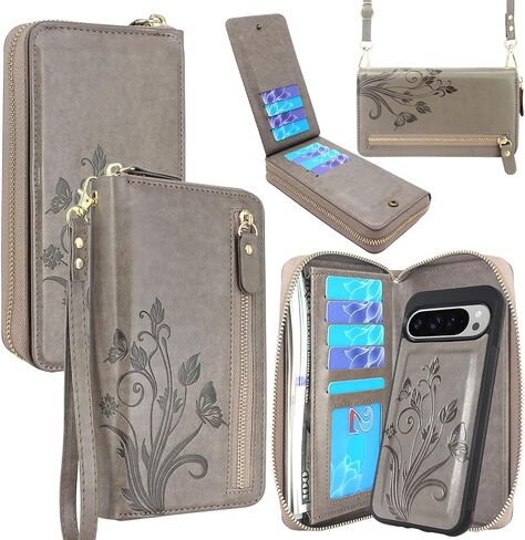 Lacass for Google Pixel 9 Pro XL 6.8 inch 2024 Wallet Case, Crossbody Dual Zipper Detachable Magnetic Leather Wallet Case Cover Wristlets Wrist Strap 13 Card Slots Money Pocket(Floral Cyan Green) in Saudi Arabia