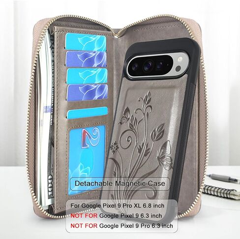 Lacass for Google Pixel 9 Pro XL 6.8 inch 2024 Wallet Case, Crossbody Dual Zipper Detachable Magnetic Leather Wallet Case Cover Wristlets Wrist Strap 13 Card Slots Money Pocket(Floral Cyan Green) in Saudi Arabia